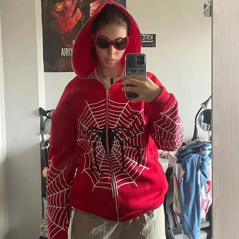 RED SPIDERWEB ZIP-UP HOODIE FOR HIP HOP STYLE URBAN WEAR