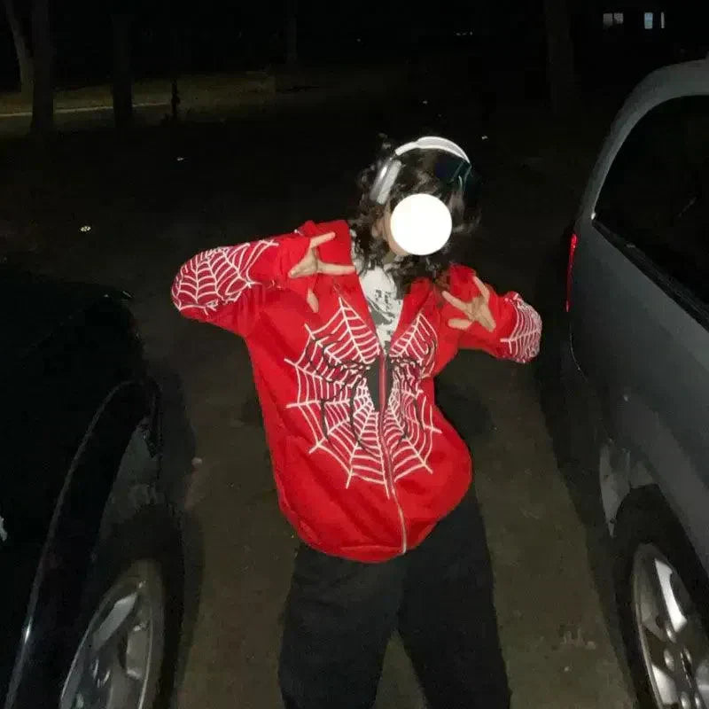 RED SPIDERWEB ZIP-UP HOODIE FOR HIP HOP STYLE URBAN WEAR