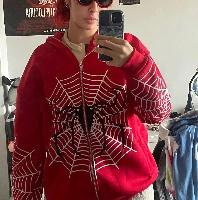 RED SPIDERWEB ZIP-UP HOODIE FOR HIP HOP STYLE URBAN WEAR