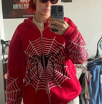 RED SPIDERWEB ZIP-UP HOODIE FOR HIP HOP STYLE URBAN WEAR