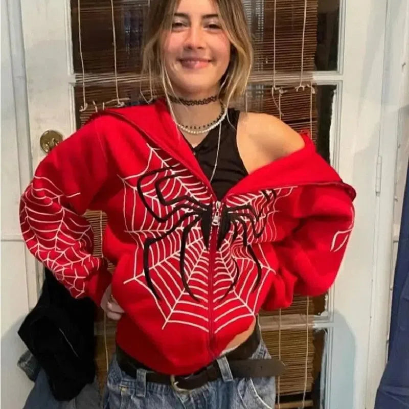 RED SPIDERWEB ZIP-UP HOODIE FOR HIP HOP STYLE URBAN WEAR