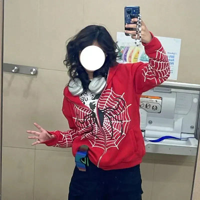 RED SPIDERWEB ZIP-UP HOODIE FOR HIP HOP STYLE URBAN WEAR