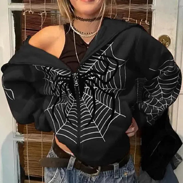 RED SPIDERWEB ZIP-UP HOODIE FOR HIP HOP STYLE URBAN WEAR