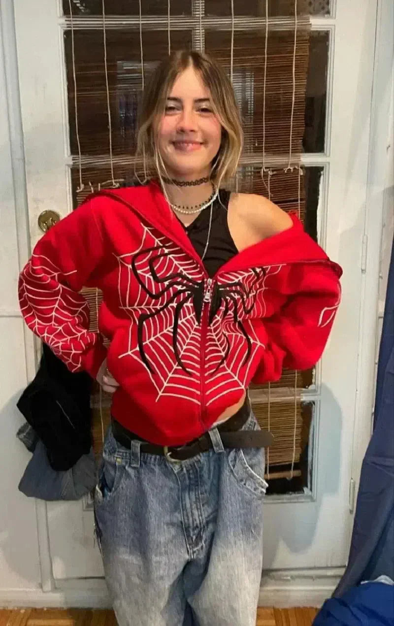 RED SPIDERWEB ZIP-UP HOODIE FOR HIP HOP STYLE URBAN WEAR