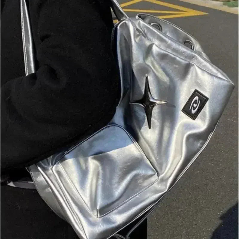 SILVER METALLIC Y2K TOTE BAG - TRENDY FASHION ACCESSORY