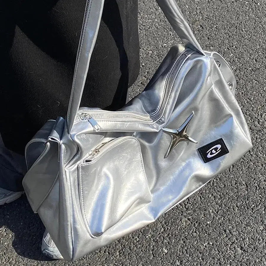 SILVER METALLIC Y2K TOTE BAG - TRENDY FASHION ACCESSORY