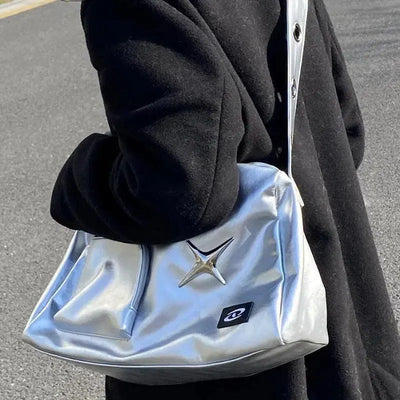 SILVER METALLIC Y2K TOTE BAG - TRENDY FASHION ACCESSORY