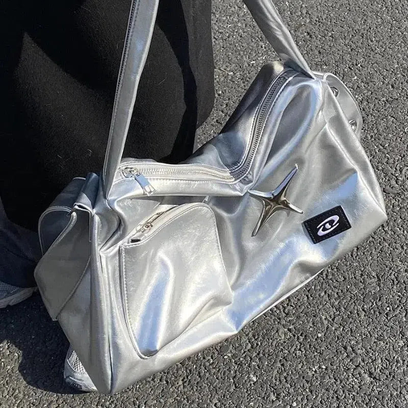SILVER METALLIC Y2K TOTE BAG - TRENDY FASHION ACCESSORY