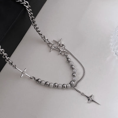 SILVER STAR AND PEARL NECKLACE WITH TOGGLE CLOSURE - UNISEX PEARL NECKLACE