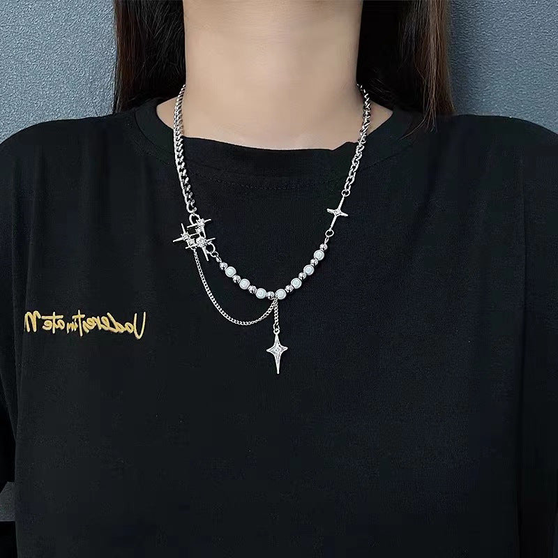 SILVER STAR AND PEARL NECKLACE WITH TOGGLE CLOSURE - UNISEX PEARL NECKLACE
