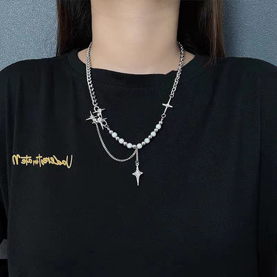 SILVER STAR AND PEARL NECKLACE WITH TOGGLE CLOSURE - UNISEX PEARL NECKLACE