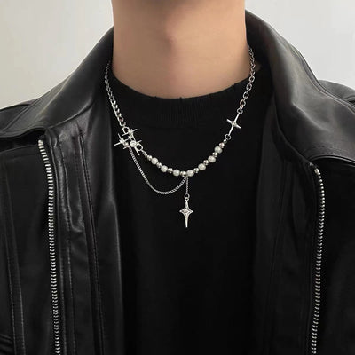 SILVER STAR AND PEARL NECKLACE WITH TOGGLE CLOSURE - UNISEX PEARL NECKLACE