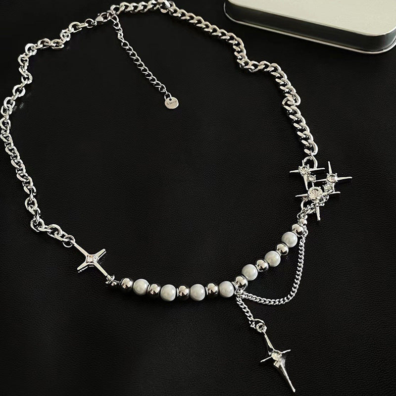 SILVER STAR AND PEARL NECKLACE WITH TOGGLE CLOSURE - UNISEX PEARL NECKLACE