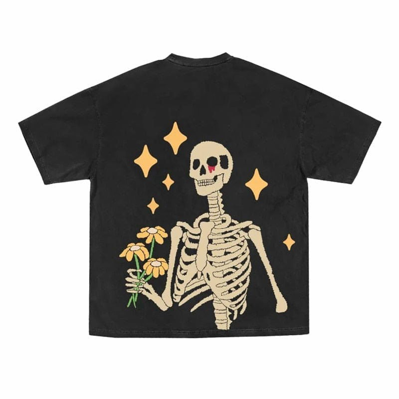 SKELETON AND FLOWERS BLACK TEE SHIRT LOVELY