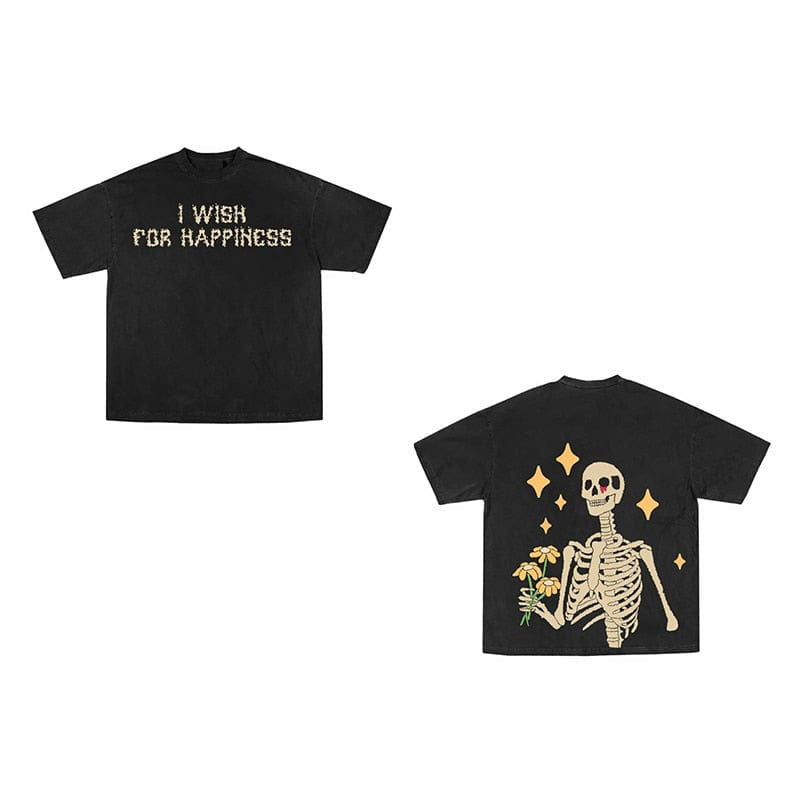 SKELETON AND FLOWERS BLACK TEE SHIRT LOVELY