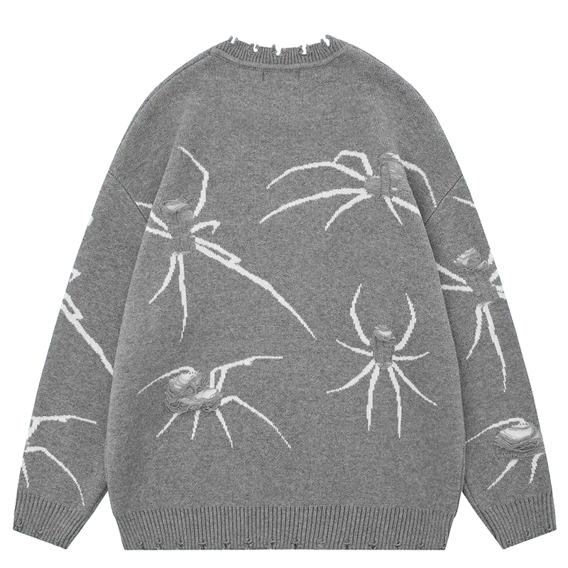 SPIDER GRAPHIC SWEATER WITH DISTRESSED DETAILS AND WHITE SPIDER DESIGNS