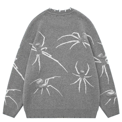 SPIDER GRAPHIC SWEATER WITH DISTRESSED DETAILS AND WHITE SPIDER DESIGNS