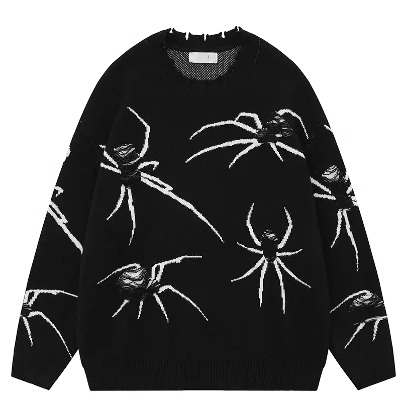 SPIDER GRAPHIC SWEATER WITH DISTRESSED DETAILS AND WHITE SPIDER DESIGNS