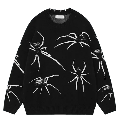 SPIDER GRAPHIC SWEATER WITH DISTRESSED DETAILS AND WHITE SPIDER DESIGNS