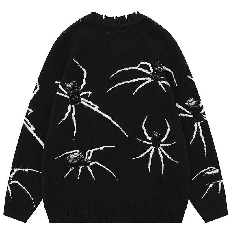 SPIDER GRAPHIC SWEATER WITH DISTRESSED DETAILS AND WHITE SPIDER DESIGNS