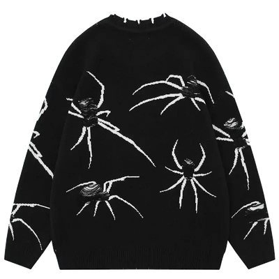 SPIDER GRAPHIC SWEATER WITH DISTRESSED DETAILS AND WHITE SPIDER DESIGNS