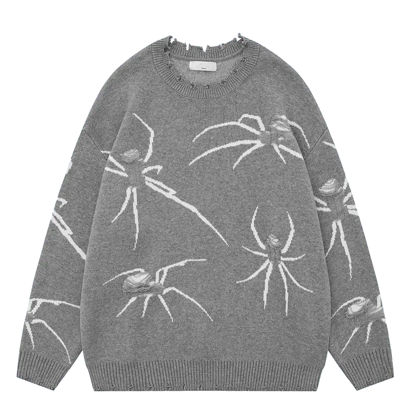 SPIDER GRAPHIC SWEATER WITH DISTRESSED DETAILS AND WHITE SPIDER DESIGNS