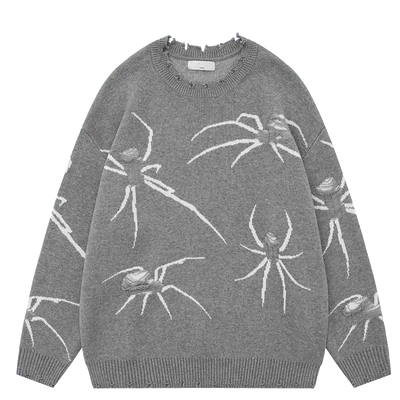 SPIDER GRAPHIC SWEATER WITH DISTRESSED DETAILS AND WHITE SPIDER DESIGNS