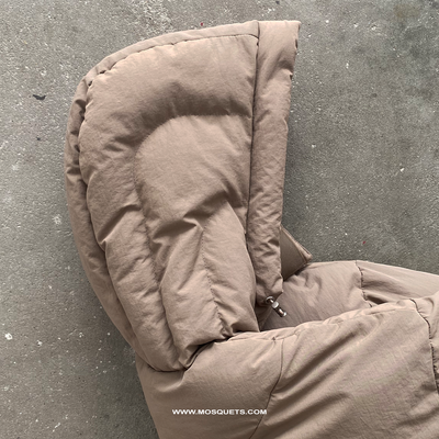 TAUPE HOODED PUFFER JACKET WITH OVERSIZED DROPPED SHOULDER DESIGN