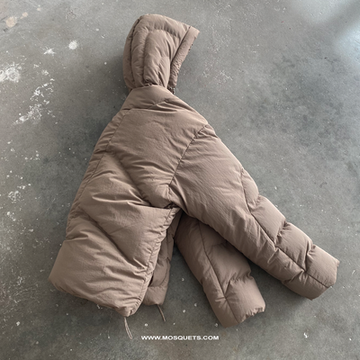 TAUPE HOODED PUFFER JACKET WITH OVERSIZED DROPPED SHOULDER DESIGN