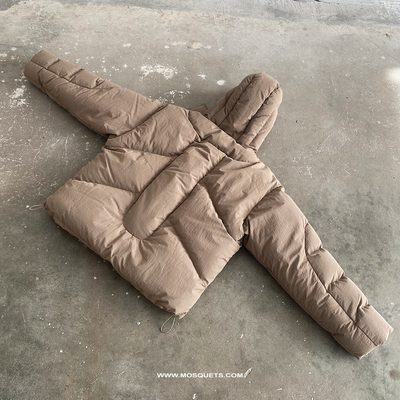 TAUPE HOODED PUFFER JACKET WITH OVERSIZED DROPPED SHOULDER DESIGN