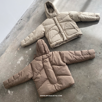 TAUPE HOODED PUFFER JACKET WITH OVERSIZED DROPPED SHOULDER DESIGN