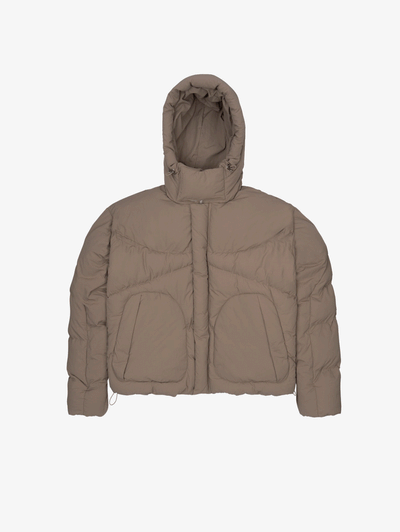 TAUPE HOODED PUFFER JACKET WITH OVERSIZED DROPPED SHOULDER DESIGN