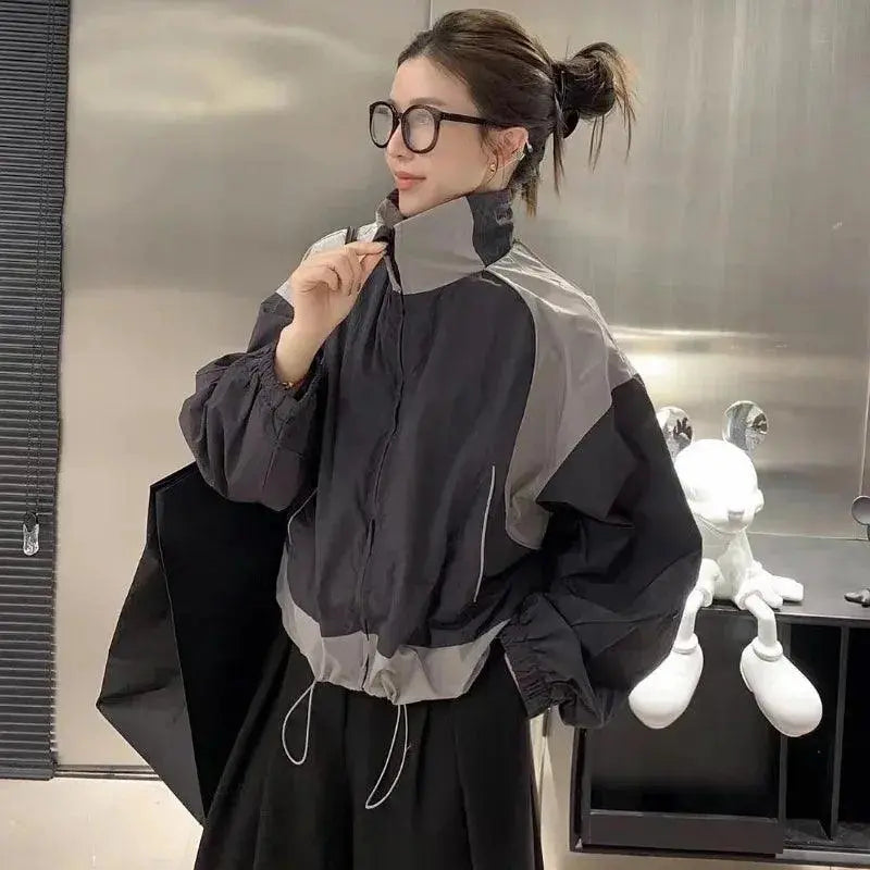 TWO-TONE CROPPED JACKET WITH OVERSIZED PATCHWORK DESIGN