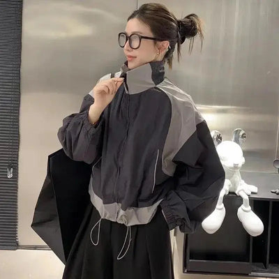 TWO-TONE CROPPED JACKET WITH OVERSIZED PATCHWORK DESIGN