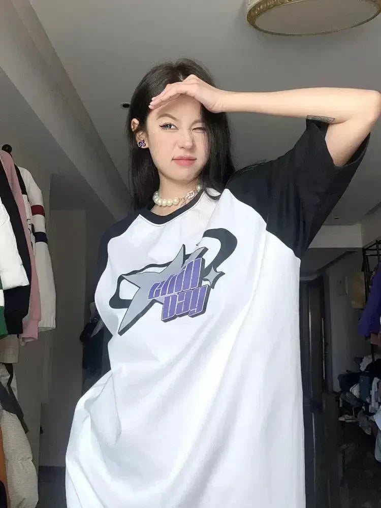 TWO-TONE T-SHIRT WITH BLUE RAGLAN - KOREAN VINTAGE Y2K STYLE