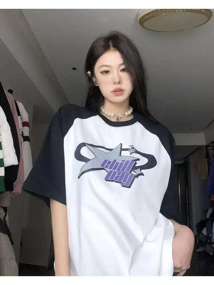 TWO-TONE T-SHIRT WITH BLUE RAGLAN - KOREAN VINTAGE Y2K STYLE