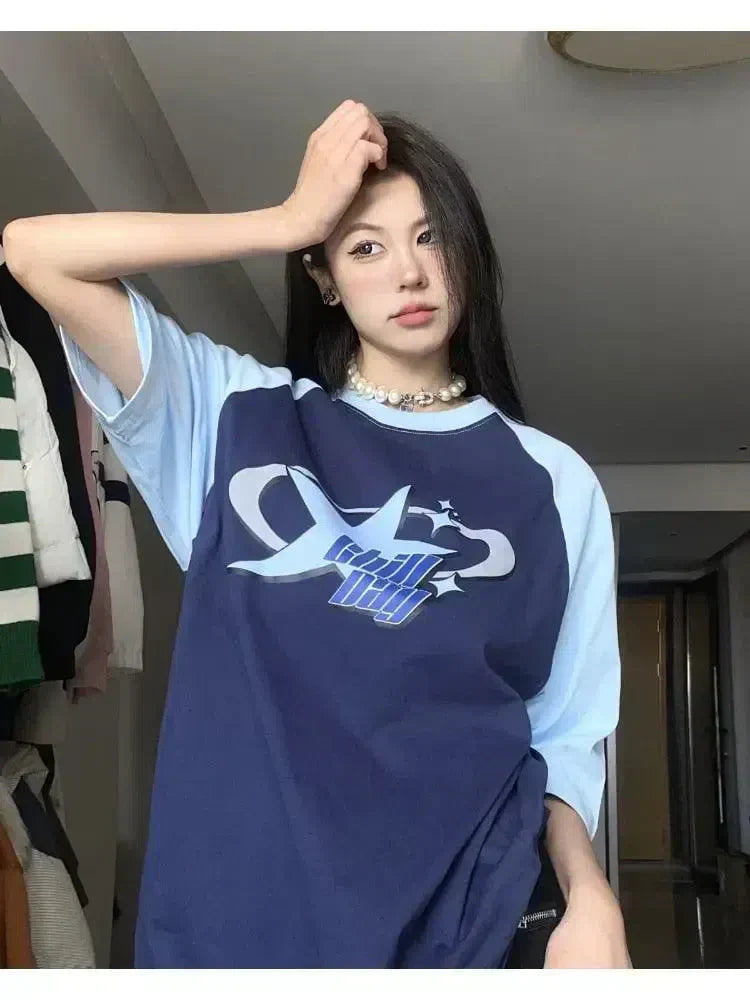 TWO-TONE T-SHIRT WITH BLUE RAGLAN - KOREAN VINTAGE Y2K STYLE