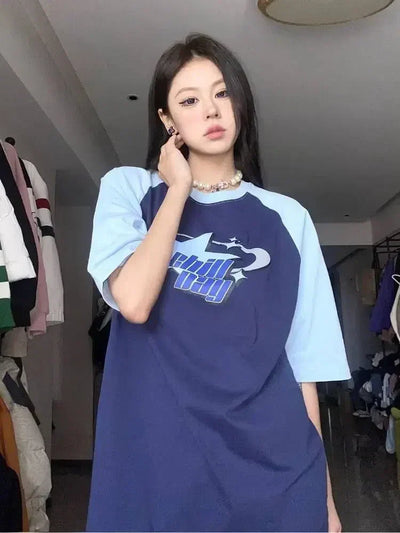 TWO-TONE T-SHIRT WITH BLUE RAGLAN - KOREAN VINTAGE Y2K STYLE