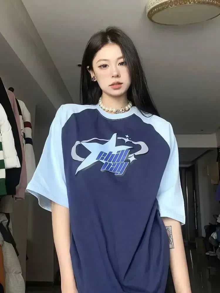TWO-TONE T-SHIRT WITH BLUE RAGLAN - KOREAN VINTAGE Y2K STYLE