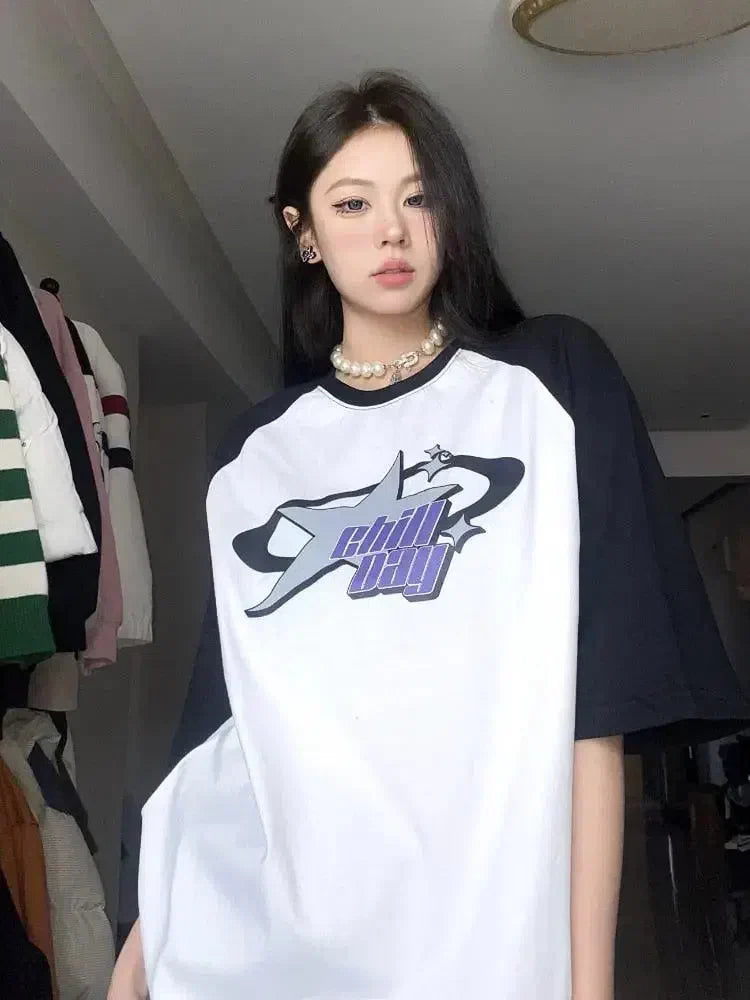 TWO-TONE T-SHIRT WITH BLUE RAGLAN - KOREAN VINTAGE Y2K STYLE