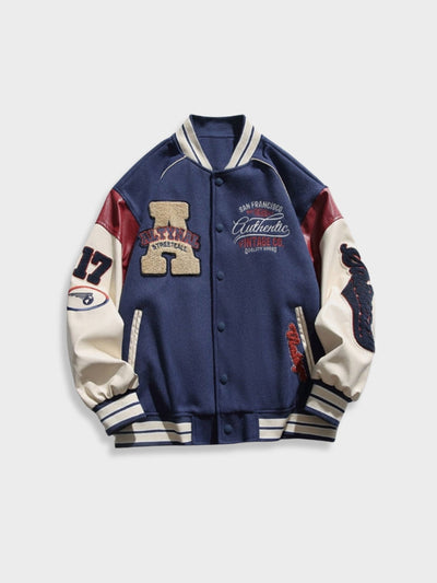 VARSITY JACKET BLUE AND RED AVEC NOTRE CUSTOM LETTERED DESIGN