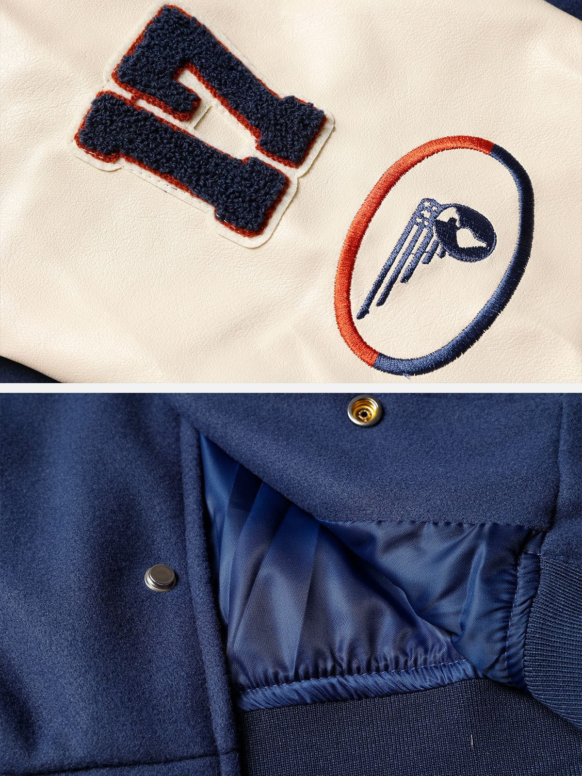 VARSITY JACKET BLUE AND RED AVEC NOTRE CUSTOM LETTERED DESIGN