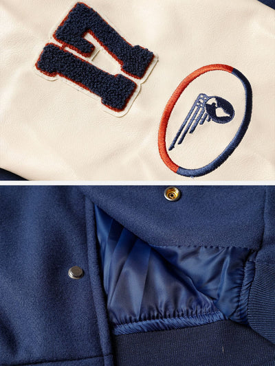 VARSITY JACKET BLUE AND RED AVEC NOTRE CUSTOM LETTERED DESIGN