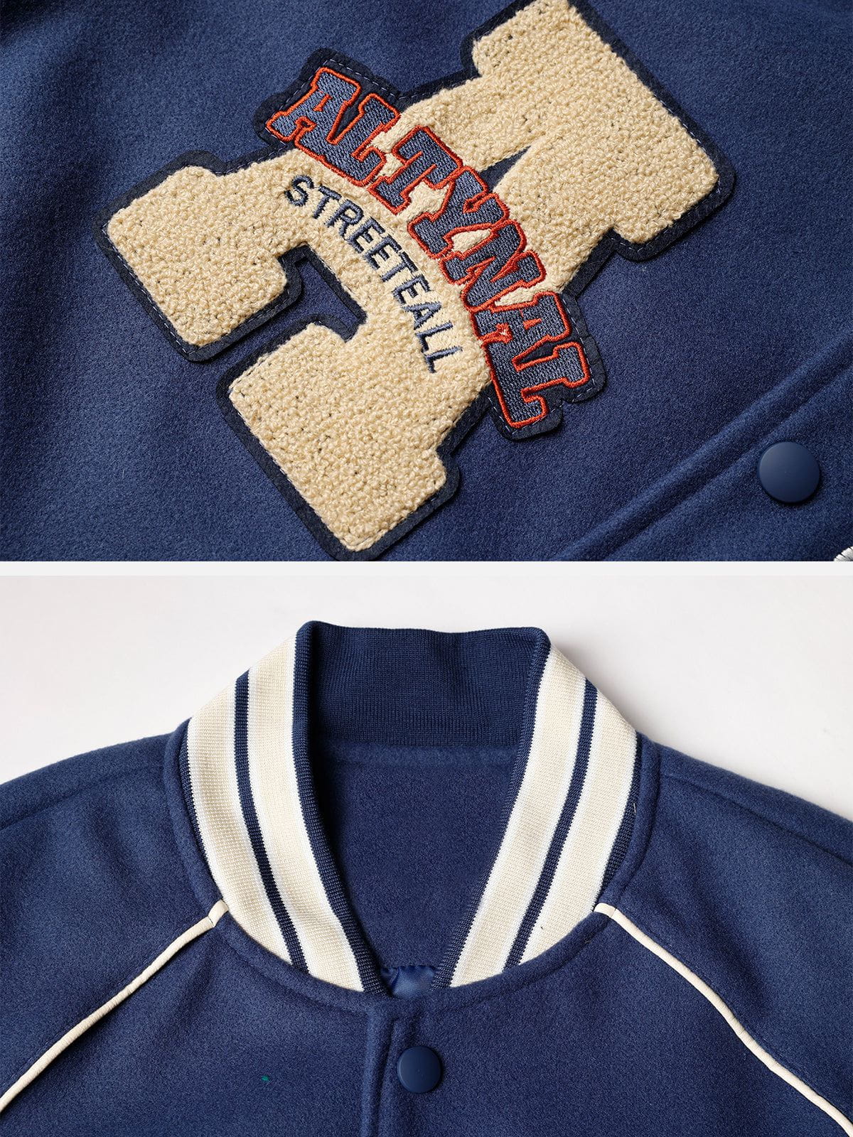 VARSITY JACKET BLUE AND RED AVEC NOTRE CUSTOM LETTERED DESIGN