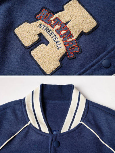 VARSITY JACKET BLUE AND RED AVEC NOTRE CUSTOM LETTERED DESIGN