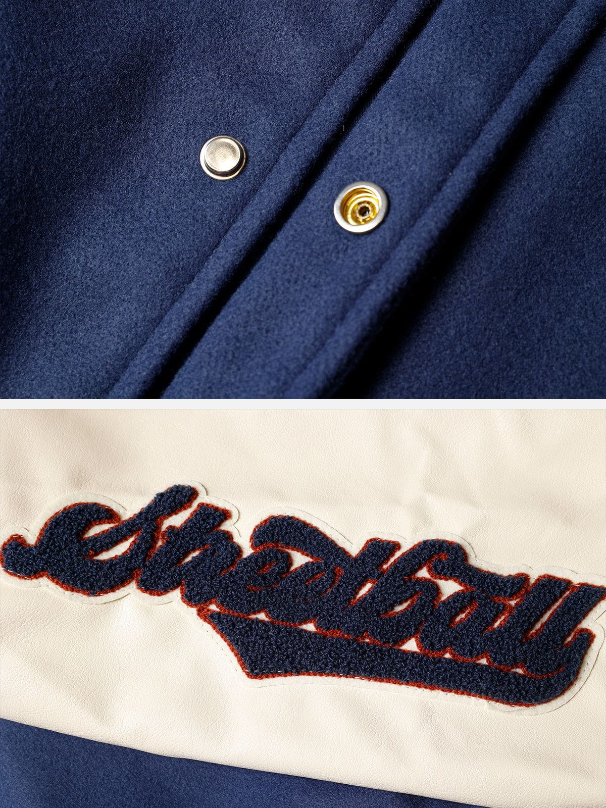 VARSITY JACKET BLUE AND RED AVEC NOTRE CUSTOM LETTERED DESIGN