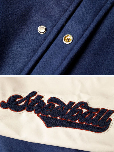 VARSITY JACKET BLUE AND RED AVEC NOTRE CUSTOM LETTERED DESIGN