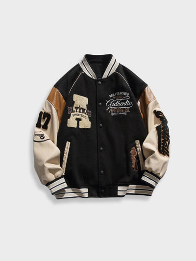 VARSITY JACKET BLUE AND RED AVEC NOTRE CUSTOM LETTERED DESIGN