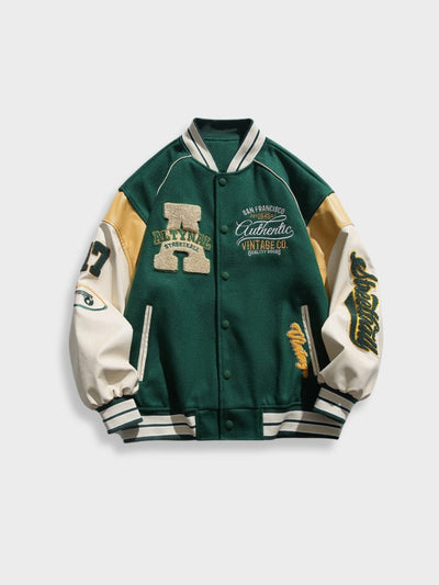 VARSITY JACKET BLUE AND RED AVEC NOTRE CUSTOM LETTERED DESIGN