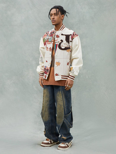 VARSITY JACKET WITH PATTERNED DESIGN IN COTTON LINEN BLEND